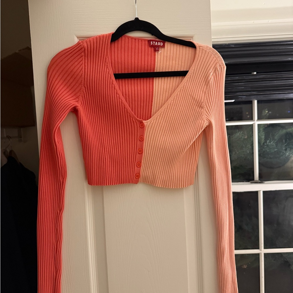 STAUD Colorblock Ribbed Crop Cardigan in Coral and Peach